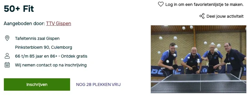Een activiteit met de knop Inschrijven en daarnaast het aantal vrije plekken