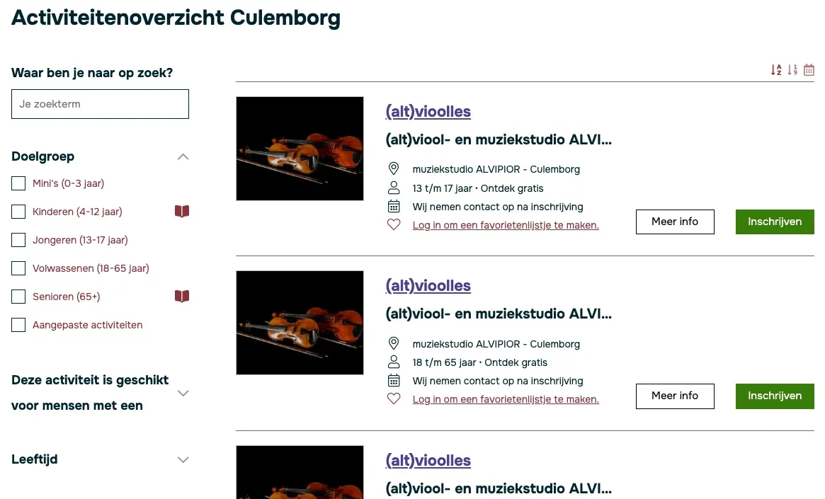Het activiteitenoverzicht: links de filters op doelgroep en leeftijd, rechts de activiteiten met de knoppen Meer info en Inschrijven