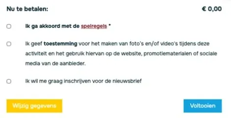 Het bedrag, drie aanvinkvakjes waarvan alleen de spelregels verplicht zijn, en de knoppen Wijzig gegevens en Voltooien