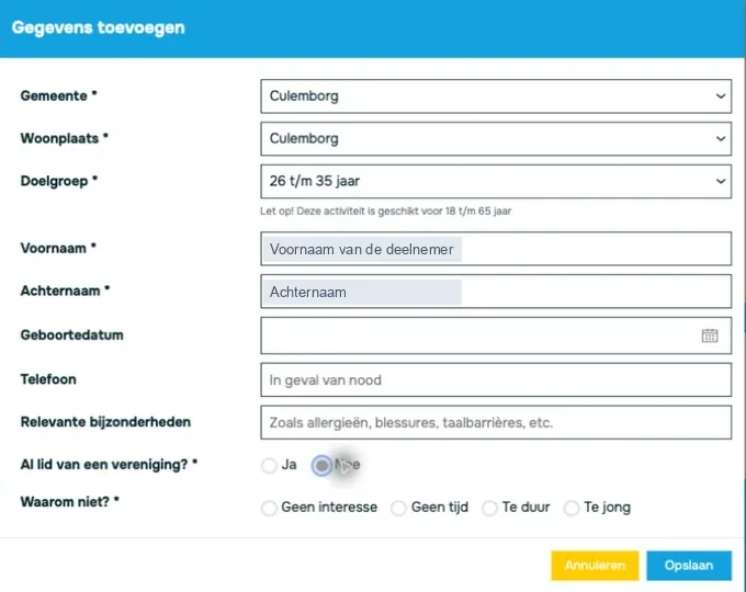 Het venster Gegevens toevoegen met de velden gemeente, woonplaats, doelgroep, voornaam, achternaam, geboortedatum, telefoon, relevante bijzonderheden en de vraag of iemand al lid is van een vereniging