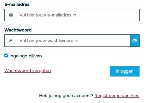 Het inlogscherm met de velden e-mailadres en wachtwoord en linksonder de link Wachtwoord vergeten