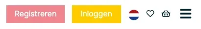 De bovenbalk van de site met rechts het hartje, het inschrijfmandje en het menu