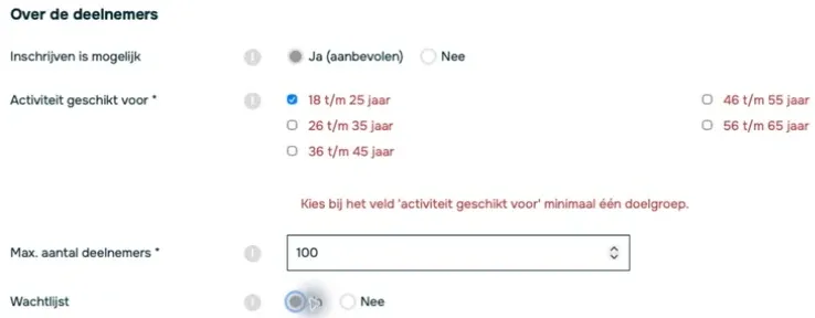 Het blok van het formulier met het veld Max. aantal deelnemers en de velden eromheen