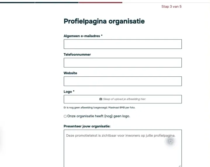 Het formulier van de profielpagina van een aanbieder, met de velden voor omschrijving, e-mailadres, telefoon en website