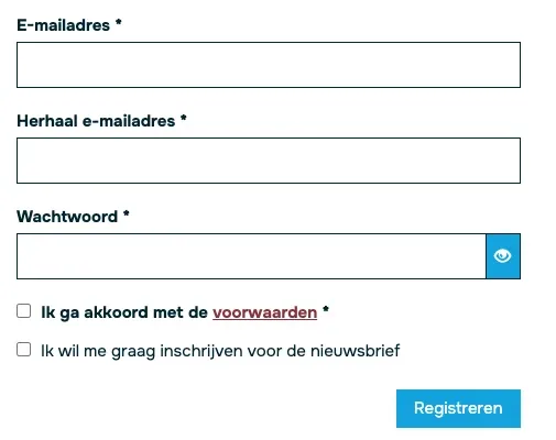 Het registratieformulier: e-mailadres, herhaal e-mailadres, wachtwoord, en de vinkjes voor de voorwaarden en de nieuwsbrief