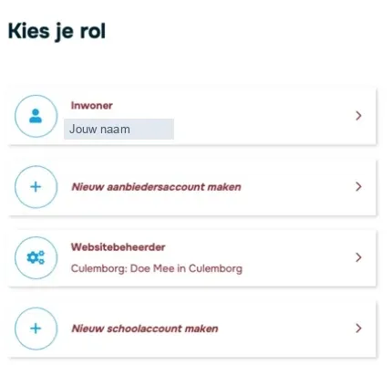 De pagina Kies je rol, met je eigen naam bovenaan en daaronder de opties om een aanbiedersaccount of schoolaccount te maken