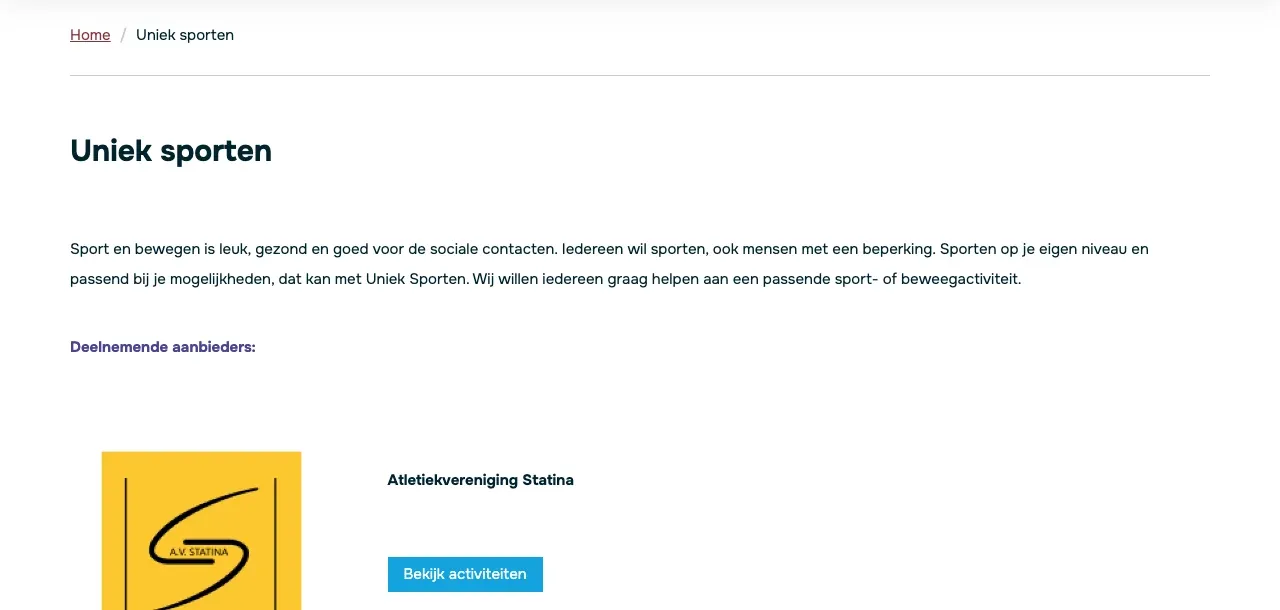 De pagina Uniek sporten op de site, met de deelnemende aanbieders en per aanbieder een knop Bekijk activiteiten